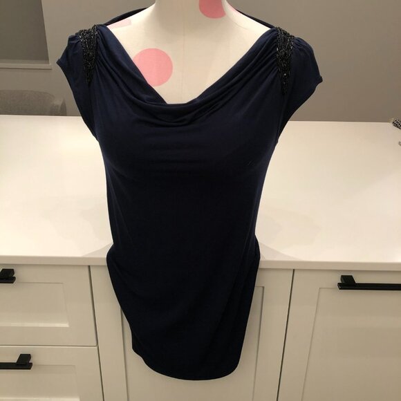 Design History Cowl Neck Cap Sleeve Beaded Sequin Detail Top Navy + Black Size S - Picture 2 of 11